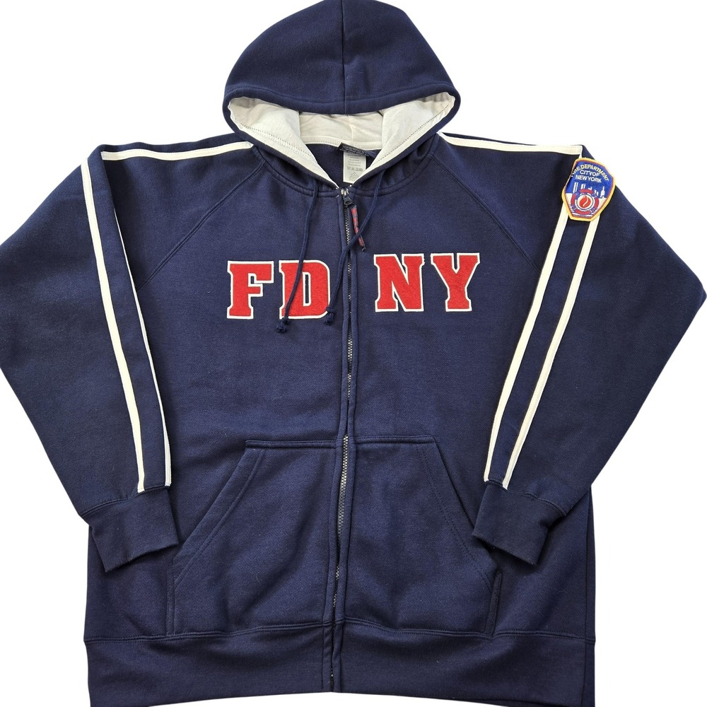 FDNY Hoodie Mens L Blue Full Zip Hooded Pockets Heavyweight Embroidered Logo